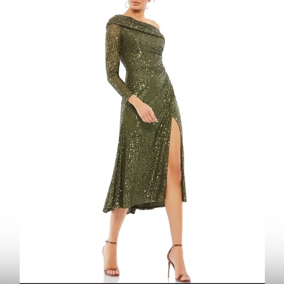 NWT Ieena for Mac Duggal One Shoulder Sequin Long Sleeve Midi Dress 6 - Picture 1 of 7